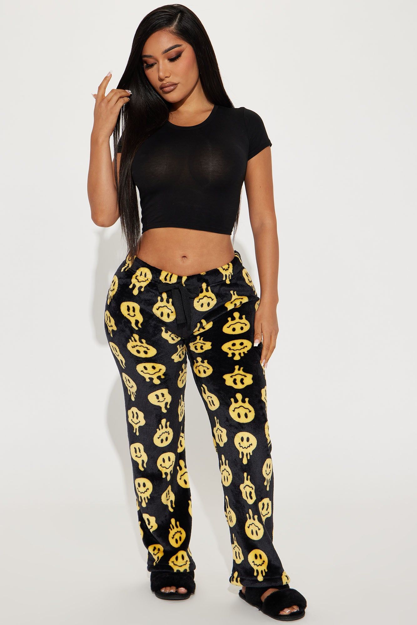 Smiley Drip Plush PJ Pant - Black/Yellow sold by Fashion Nova