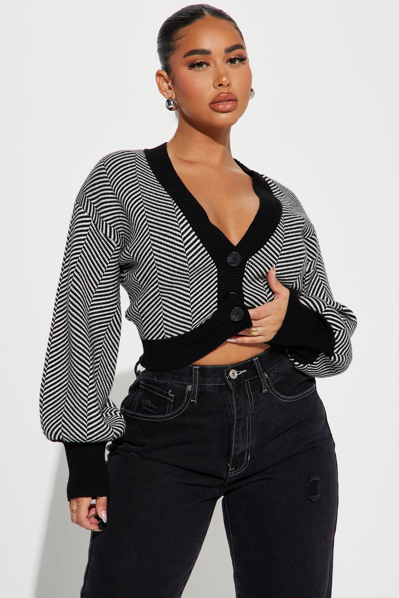 Madison Stripe Cropped Cardigan - Black/White sold by Fashion Nova