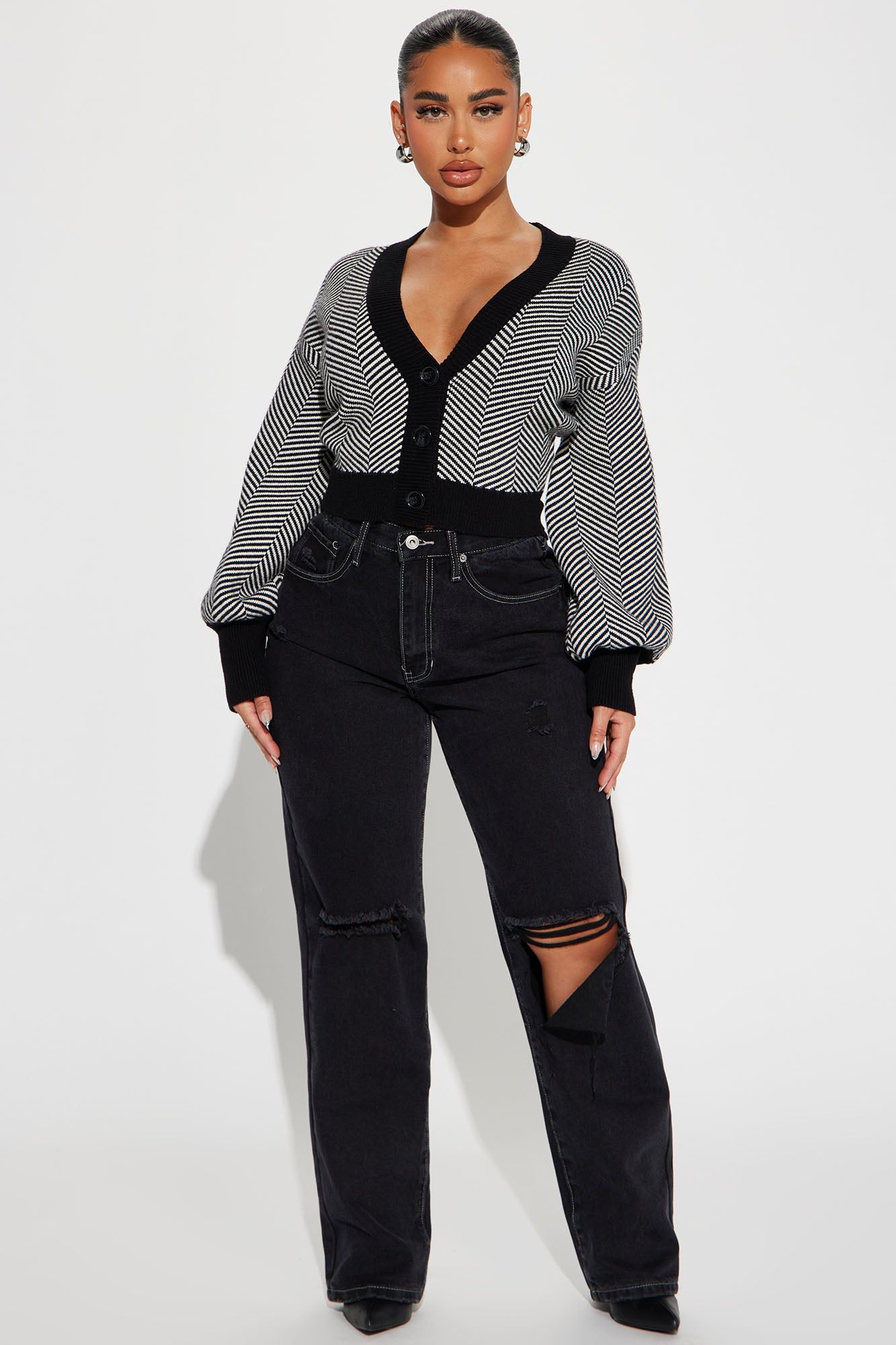 Madison Stripe Cropped Cardigan - Black/White sold by Fashion Nova product image thumbnail 2