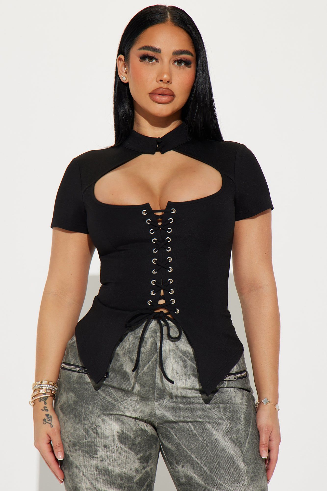Read My Lips Lace Up Corset - Black sold by Fashion Nova