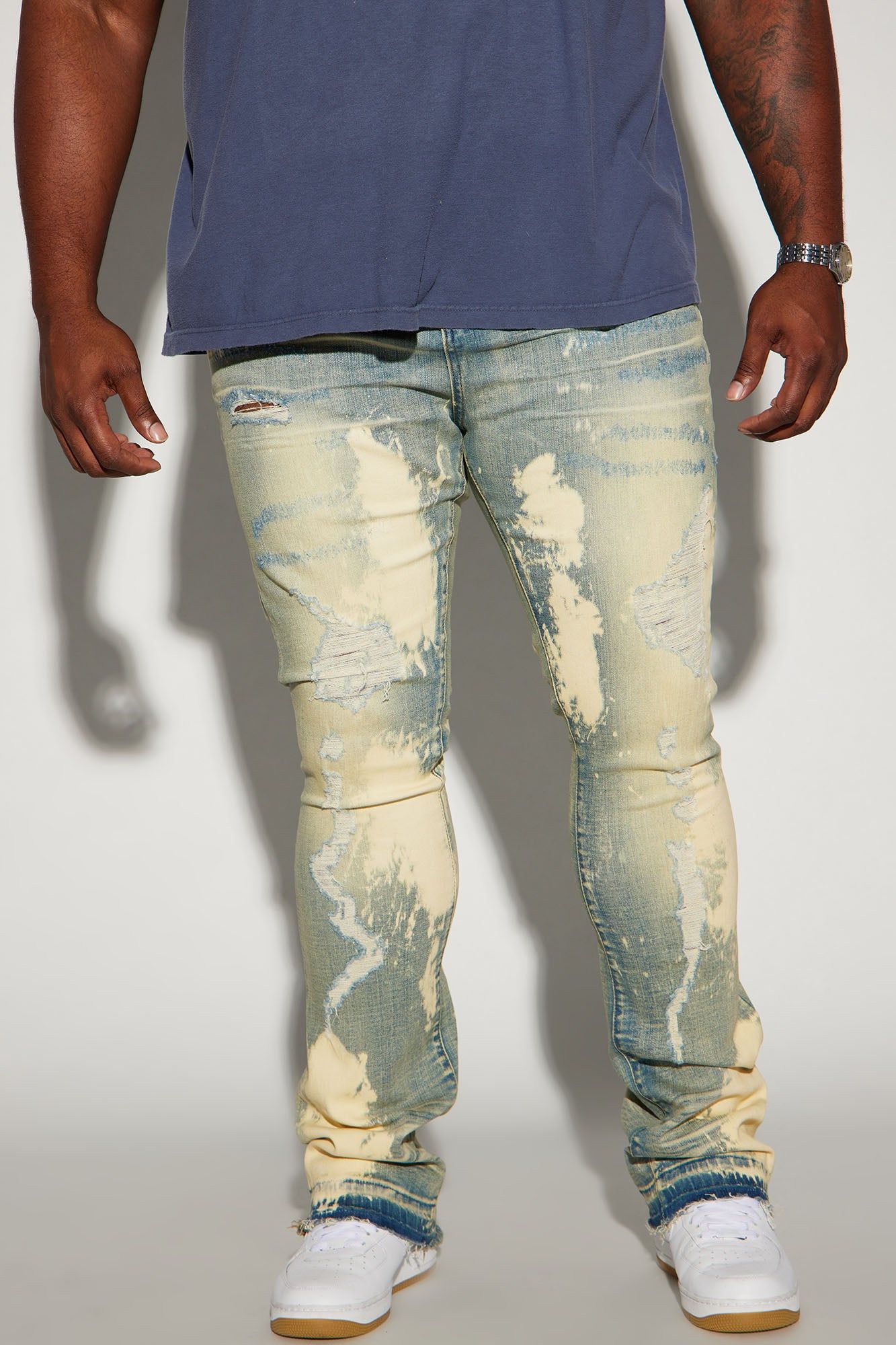 Moving Up Bleached Stacked Skinny Flare Jeans - Medium Blue Wash sold by Fashion Nova