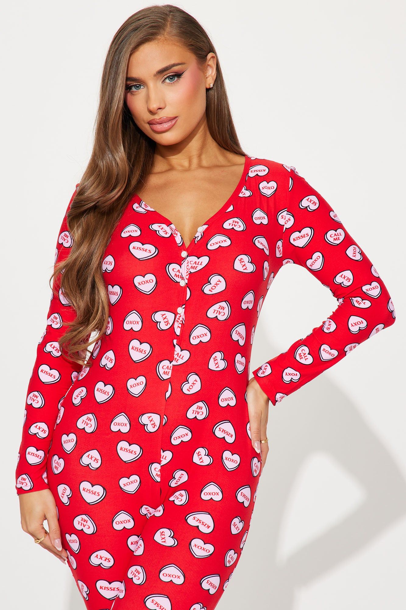 Candy Hearts PJ Jumpsuit Onesie - Red/combo sold by Fashion Nova product image thumbnail 2