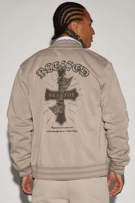 Blessed Varsity Jacket - Tan sold by Fashion Nova