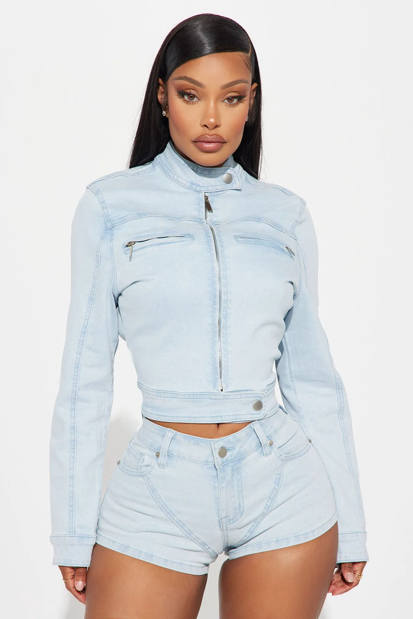 In High Demand Denim Moto Jacket - Light Wash sold by Fashion Nova