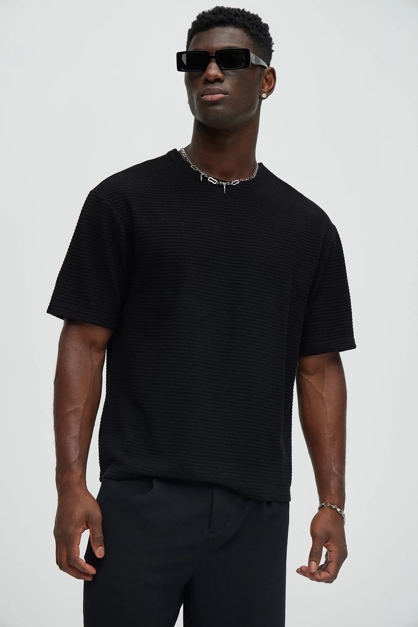 Athens Rib Textured Relaxed Short Sleeve Tee - Black sold by Fashion Nova