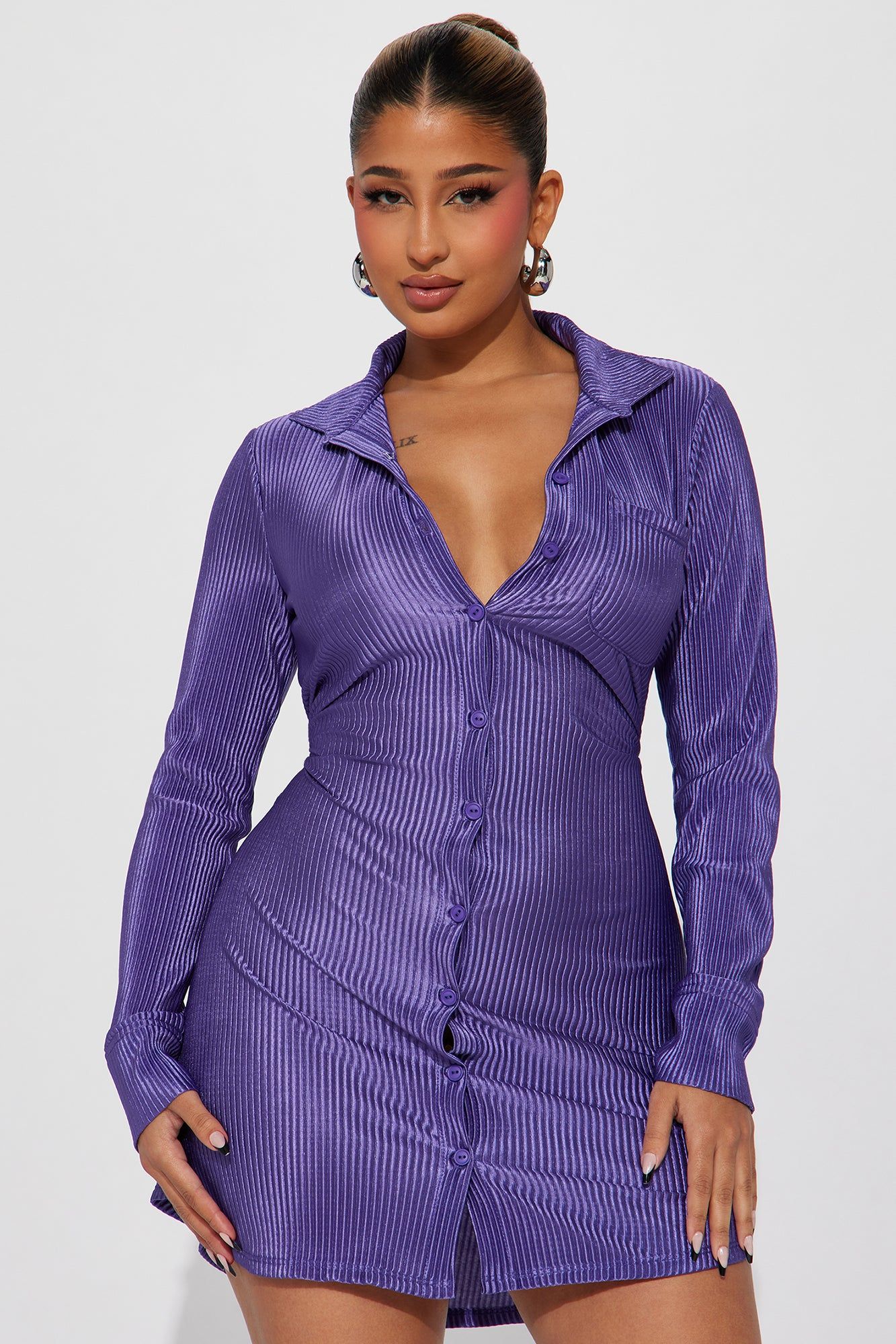 Lisa Plisse Shirt Dress - Purple sold by Fashion Nova