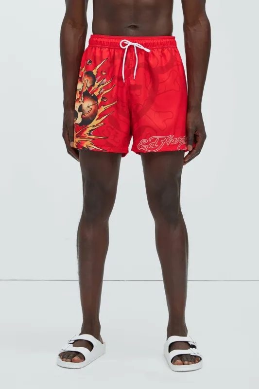 Ed Hardy Exploding Skull Swim Trunks - Red sold by Fashion Nova