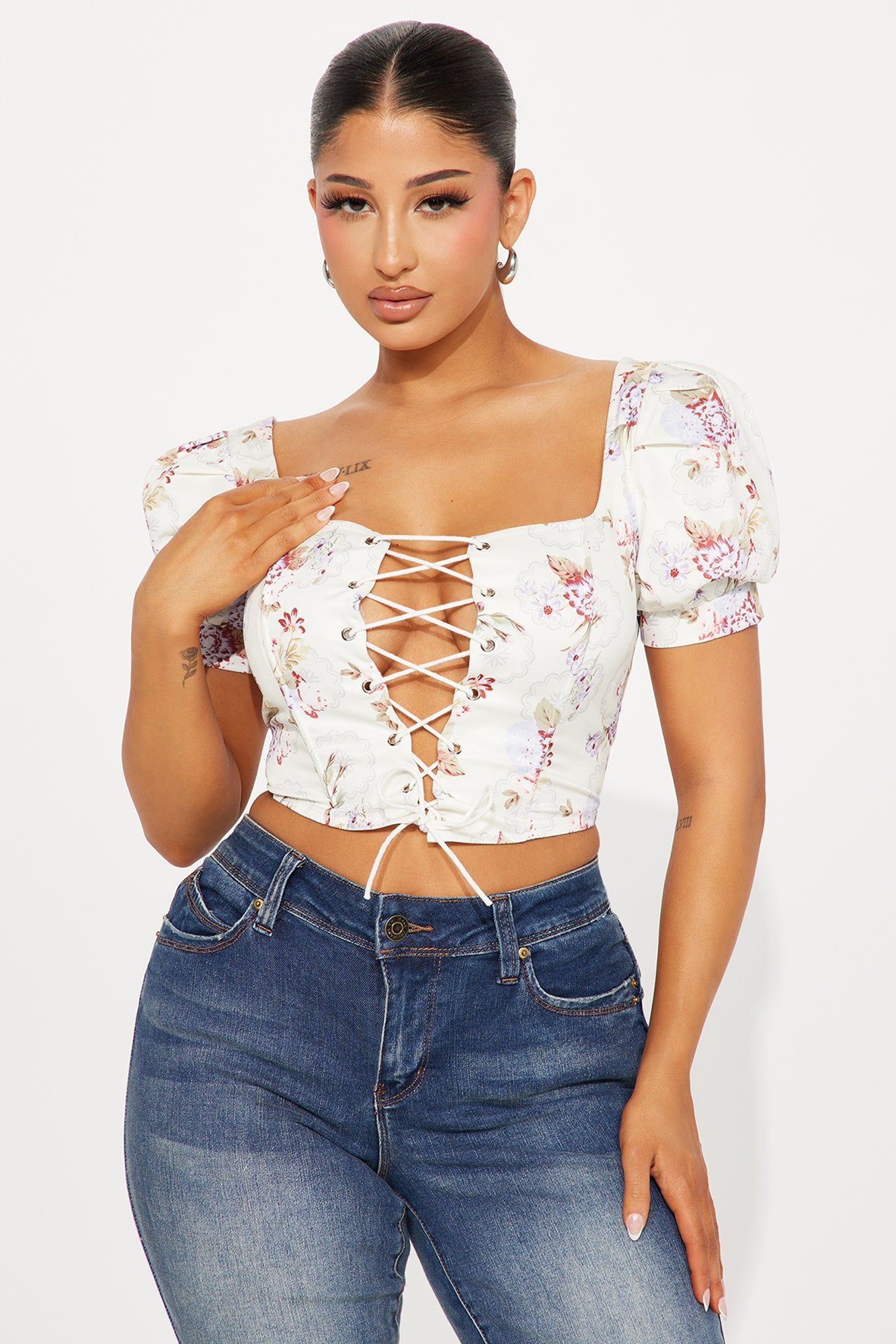 Meredith Floral Corset Top - White/combo sold by Fashion Nova