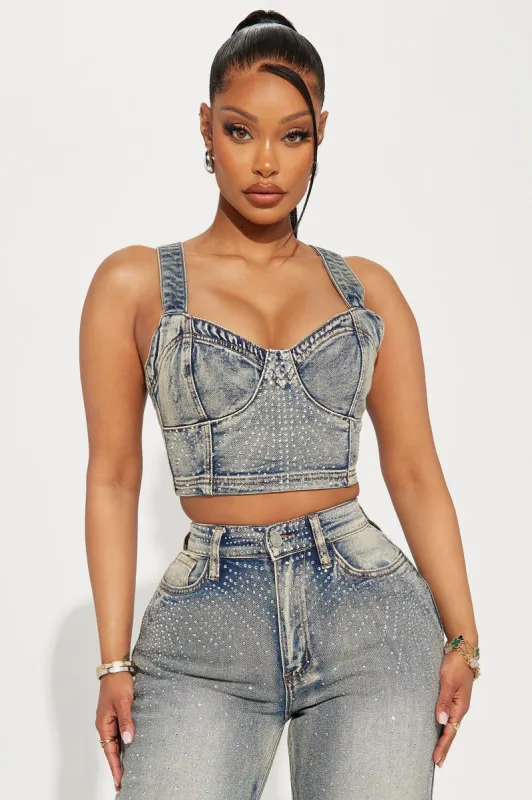 Chasing A Dream Embellished Denim Top - Vintage Wash sold by Fashion Nova