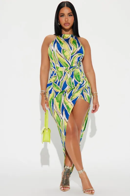 Bali Calling Halter Maxi Dress - Green/combo sold by Fashion Nova