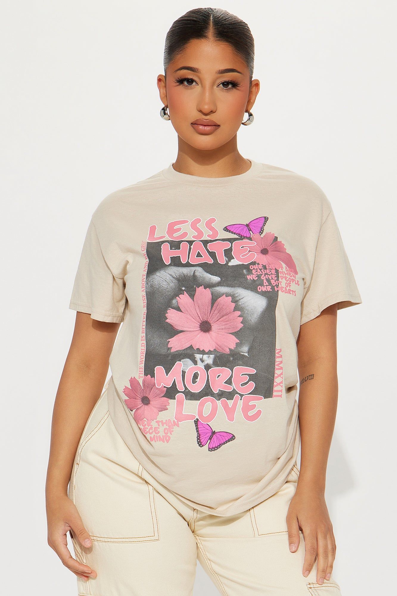 Less Haters More Love Graphic Tshirt - Sand sold by Fashion Nova