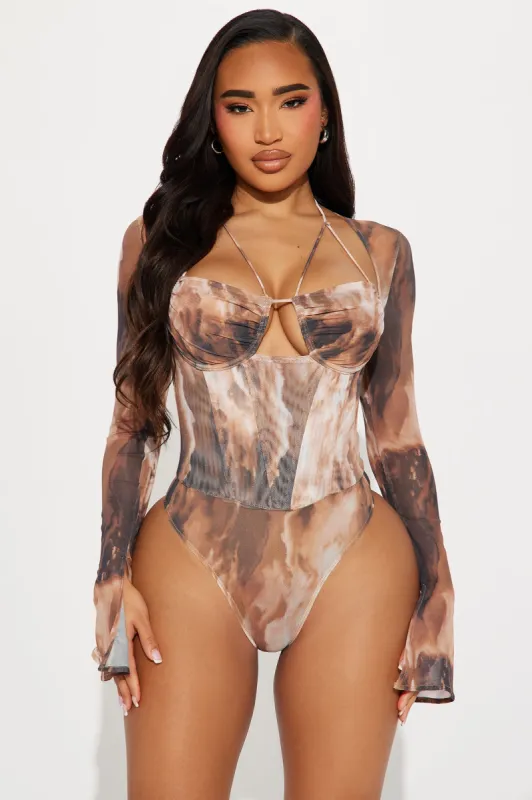 Michelle Mesh Bodysuit - Brown/combo sold by Fashion Nova