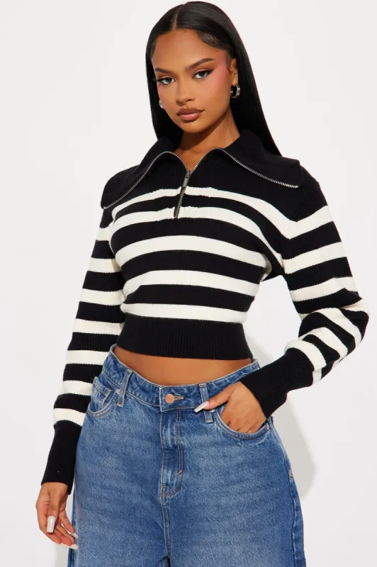 Sabrina Striped Quarter Zip Sweater - Black/White sold by Fashion Nova