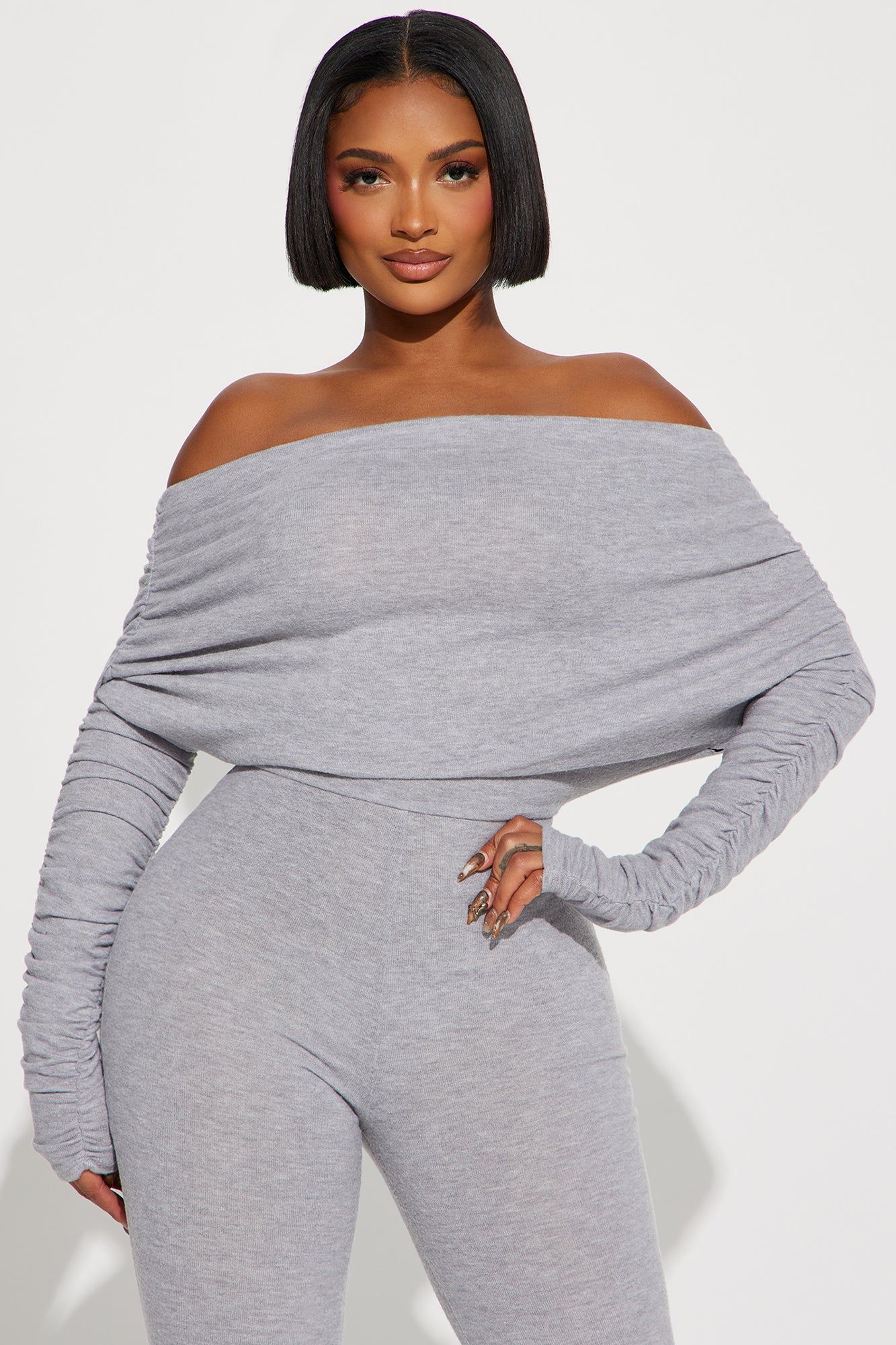 Yasmine Off Shoulder Sweater Jumpsuit - Heather Grey sold by Fashion Nova product image thumbnail 2