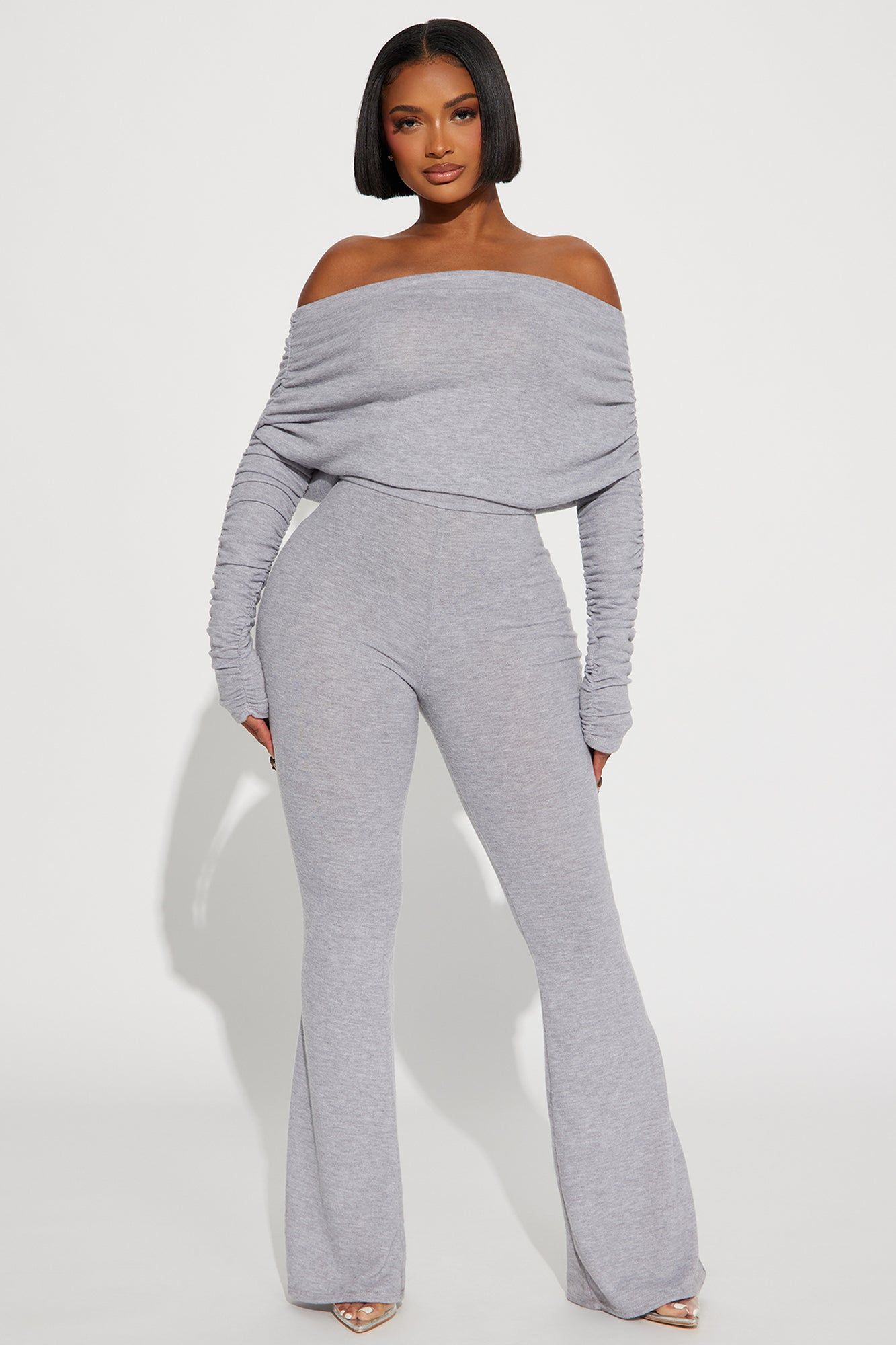 Yasmine Off Shoulder Sweater Jumpsuit - Heather Grey sold by Fashion Nova