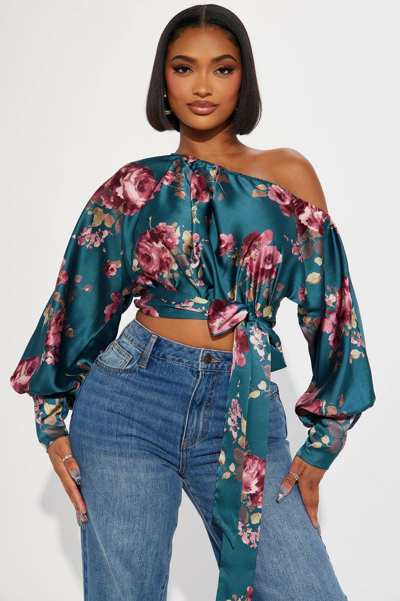 Time For Tea Satin Blouse - Blue/combo sold by Fashion Nova