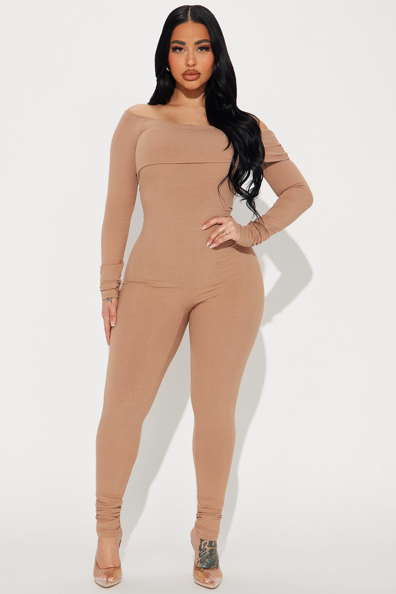 Clarisse Ribbed Jumpsuit - Taupe sold by Fashion Nova