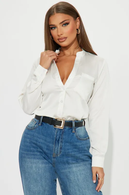 Beth Satin Shirt - Off White sold by Fashion Nova