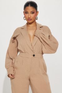 Straight To Business Linen Jumpsuit - Taupe sold by Fashion Nova