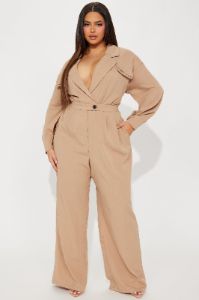 Straight To Business Linen Jumpsuit - Taupe sold by Fashion Nova