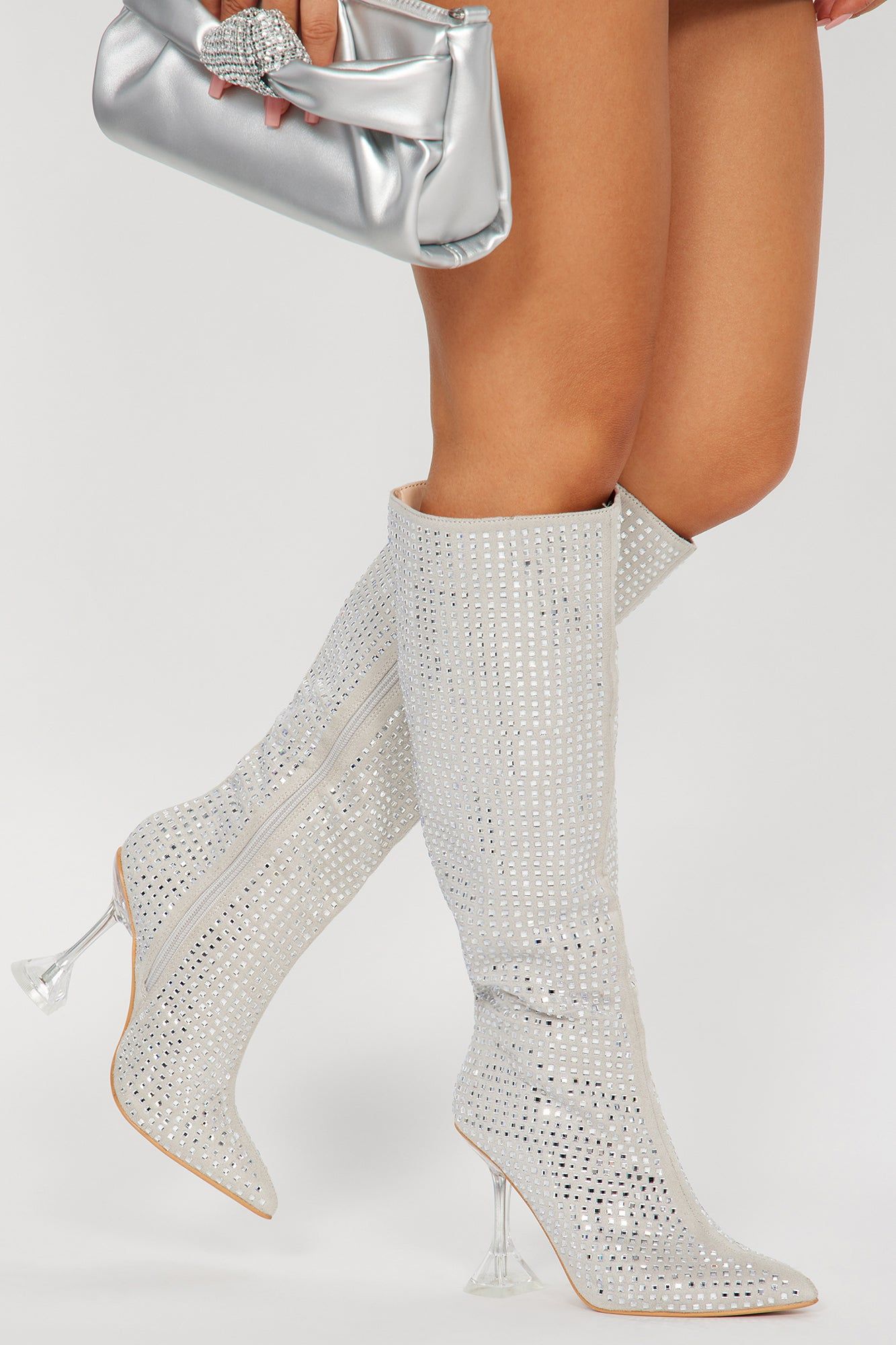 More Of Me Knee High Heeled Boots - Silver sold by Fashion Nova