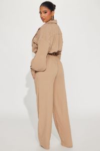 Straight To Business Linen Jumpsuit - Taupe sold by Fashion Nova