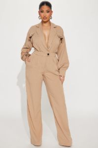 Straight To Business Linen Jumpsuit - Taupe sold by Fashion Nova