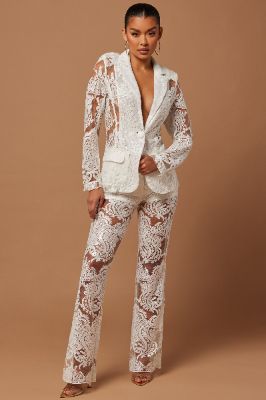 Esther Sequin Embroidered Pant - White sold by Fashion Nova