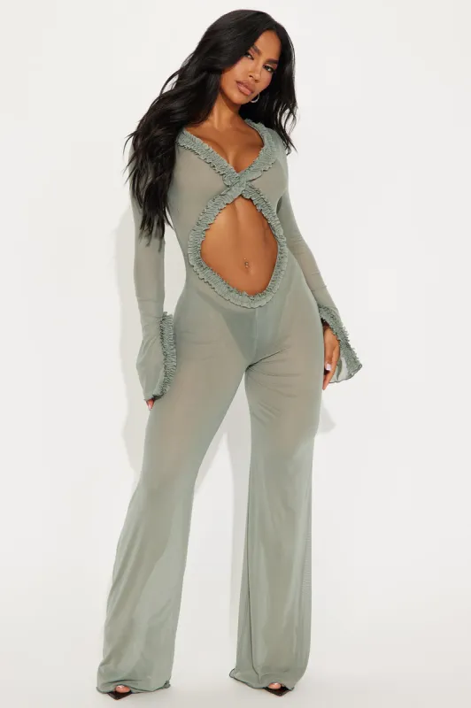 Sunset Dreams Mesh Jumpsuit - Olive sold by Fashion Nova
