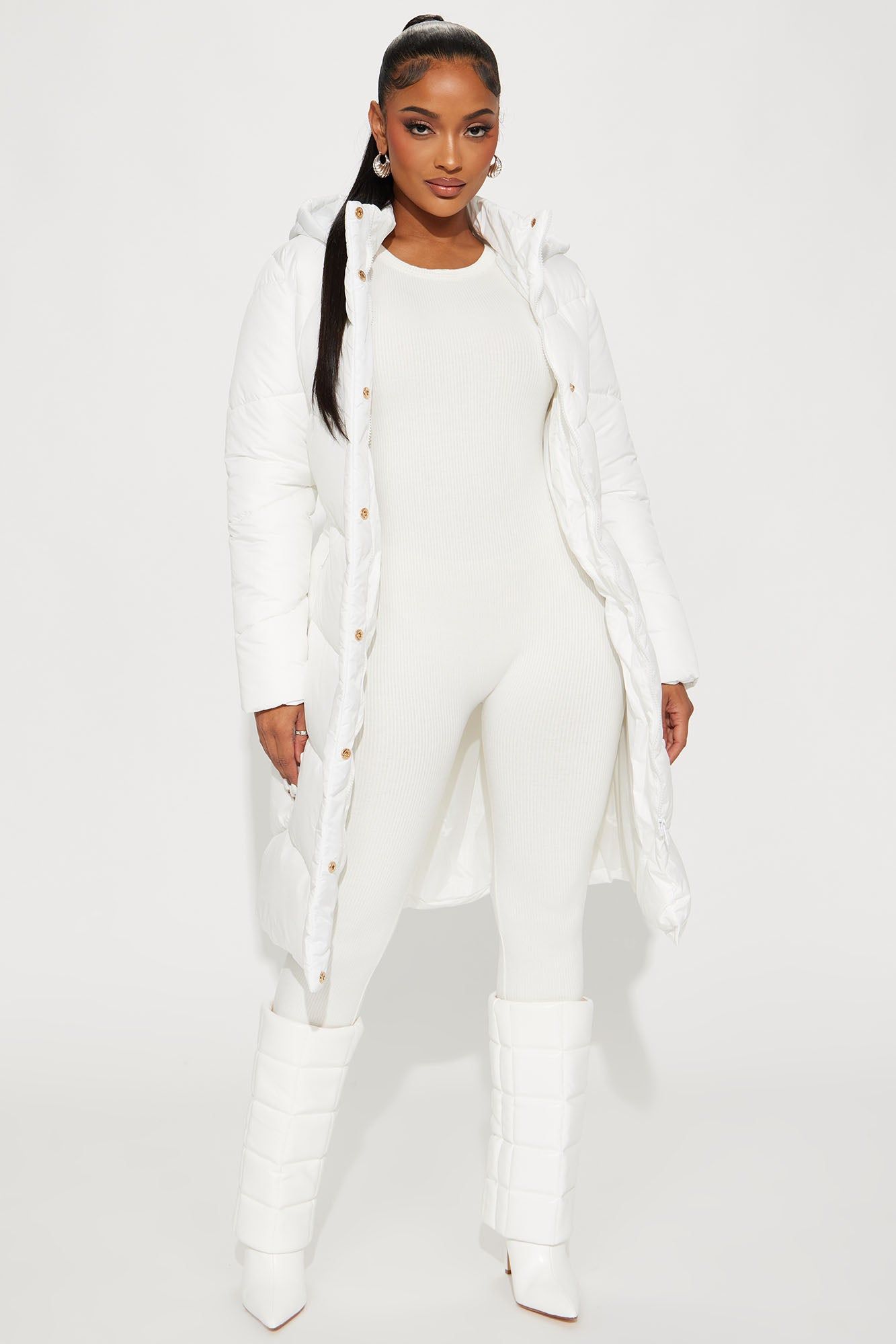 Snow Style Belted Puffer Jacket - White sold by Fashion Nova