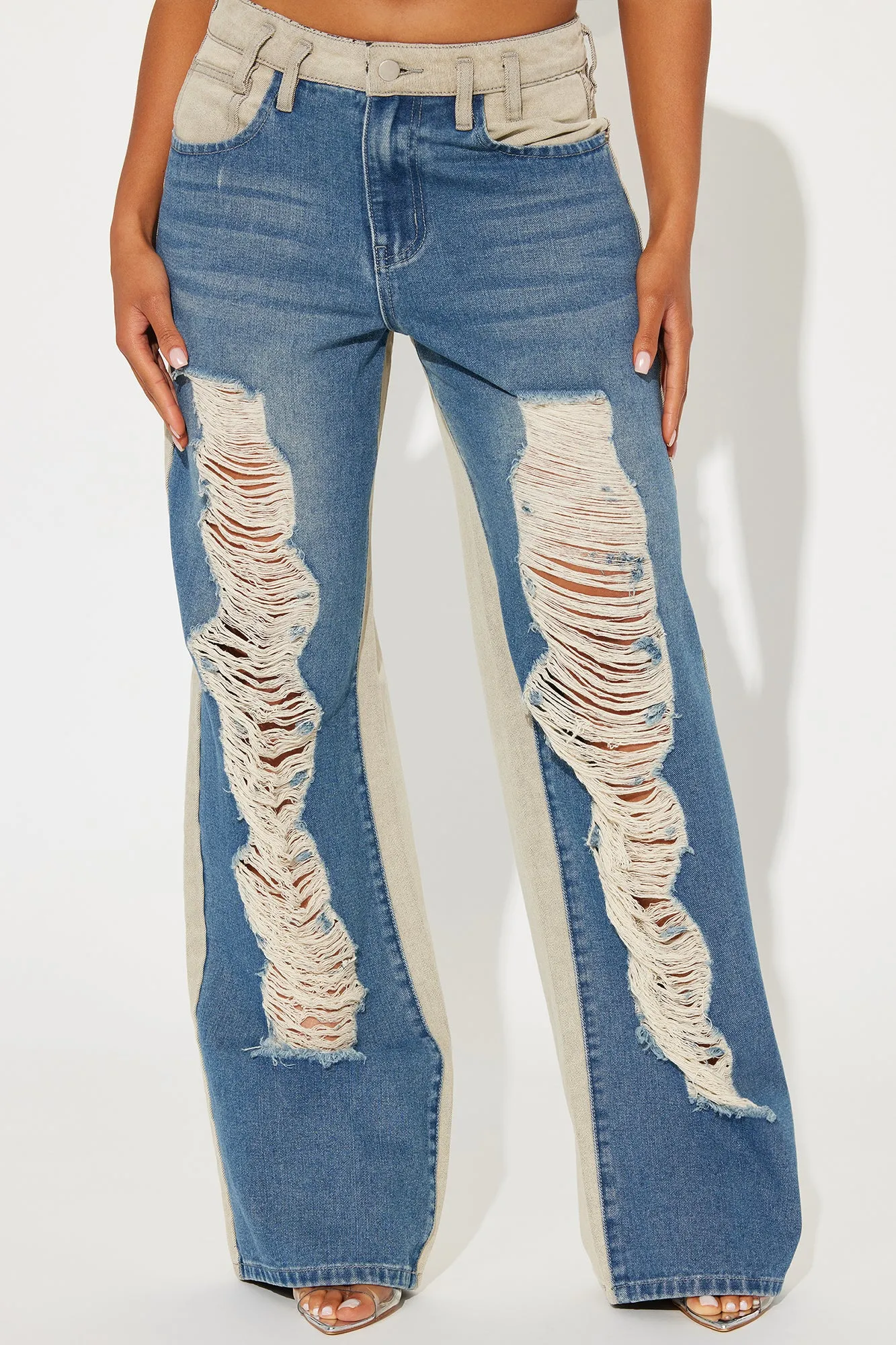 So Enticing Two Tone Ripped Straight Leg Jeans - Taupe/combo sold by Fashion Nova product image thumbnail 2