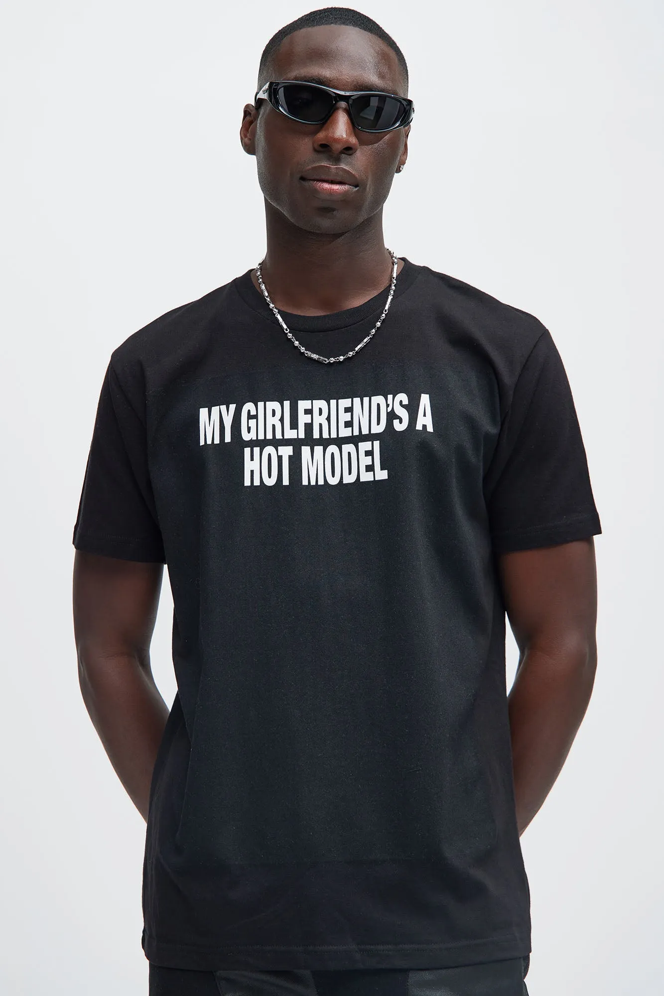 My Girlfriend's A Hot Model Short Sleeve Tee - Black sold by Fashion Nova