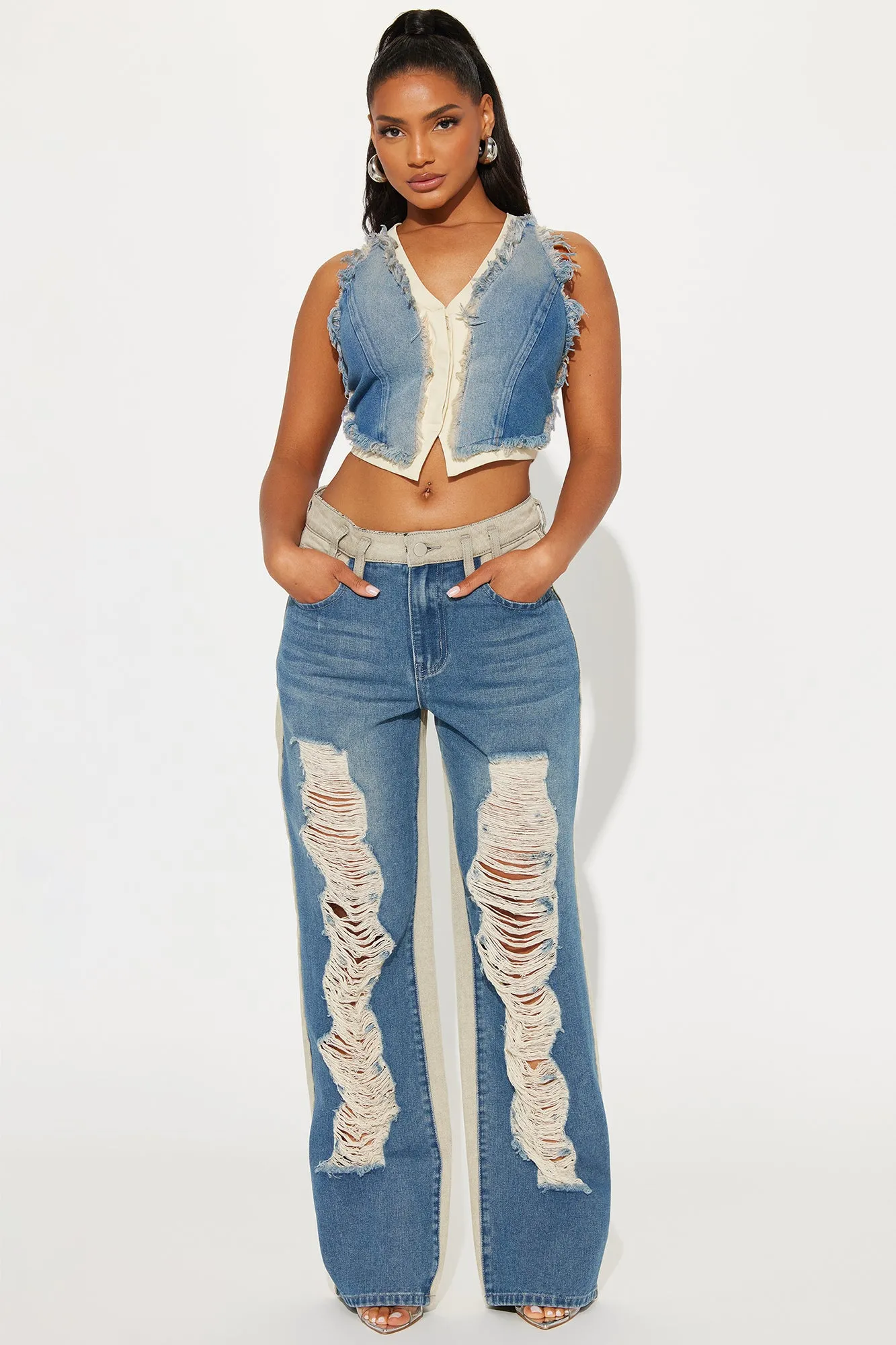 So Enticing Two Tone Ripped Straight Leg Jeans - Taupe/combo sold by Fashion Nova