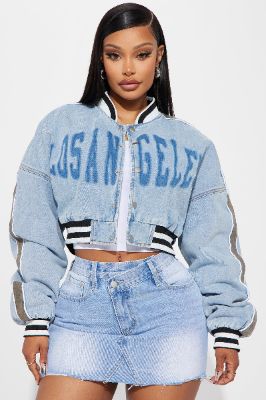 Los Angeles City Denim Bomber Jacket - Light Wash sold by Fashion Nova
