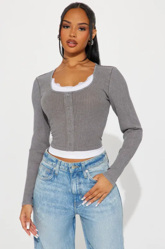 Serena Washed Long Sleeve Top - Charcoal sold by Fashion Nova