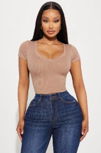 Valerie V-Neck Ribbed Tee - Taupe sold by Fashion Nova
