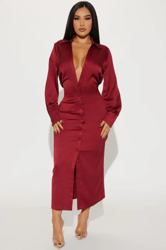 In The Office Satin Shirt Dress - Burgundy sold by Fashion Nova