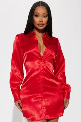 Gillian Satin Shirt Mini Dress - Red sold by Fashion Nova
