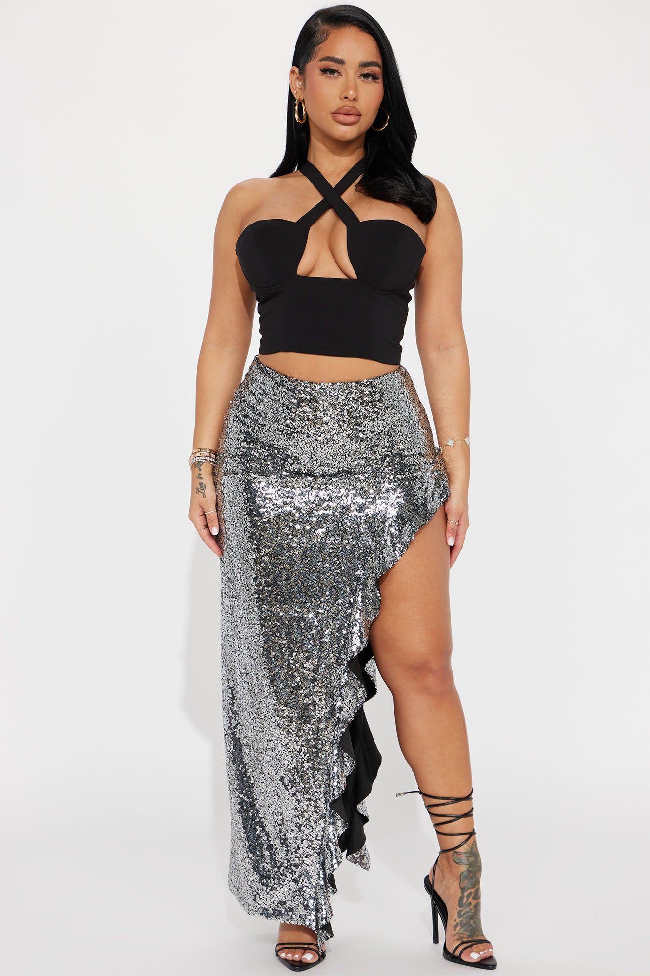 Here To Stand Out Sequin Maxi Skirt - Silver sold by Fashion Nova