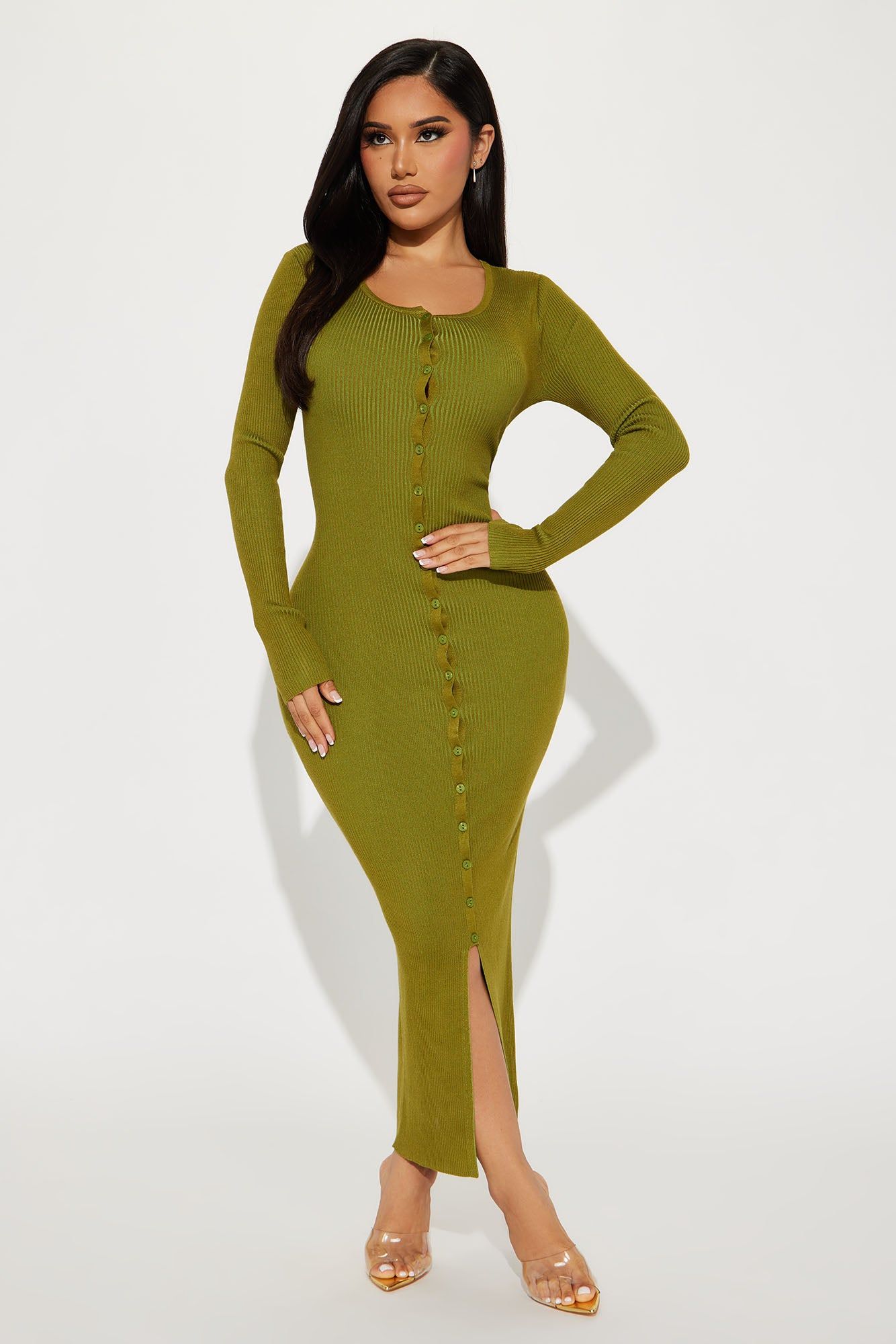Audrie Ribbed Maxi Dress - Olive sold by Fashion Nova