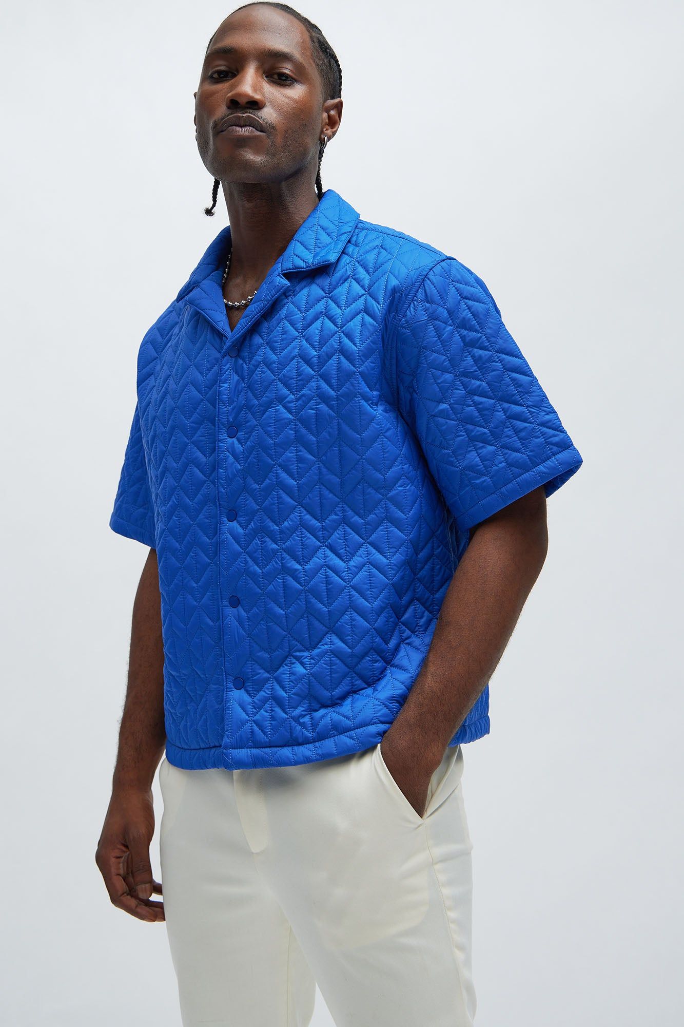 Oslo Quilted Nylon Shirt - Blue sold by Fashion Nova