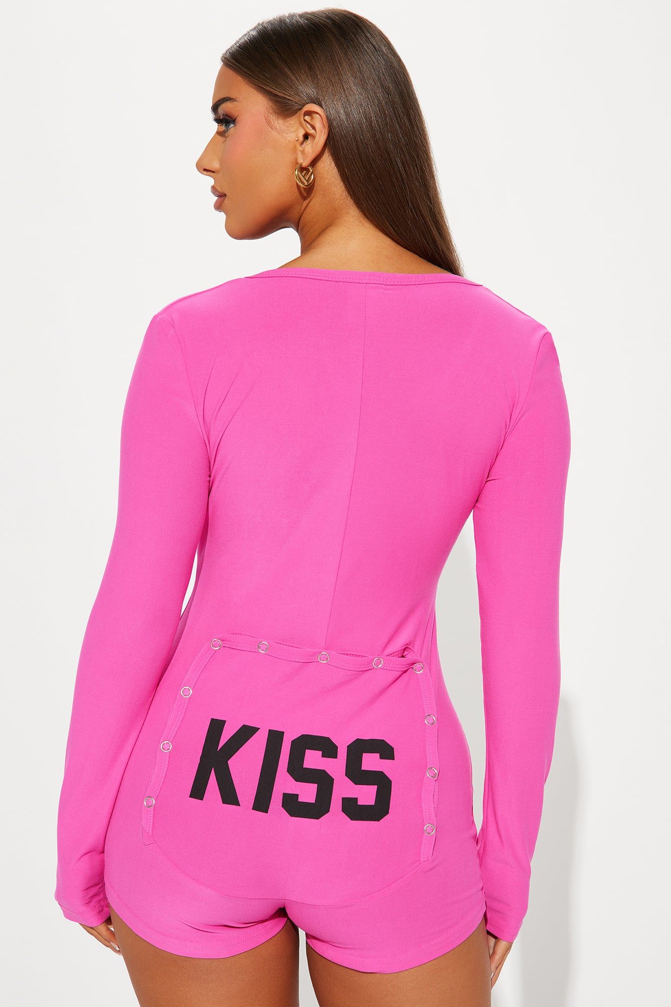 Kiss Me Long Sleeve PJ Romper Onesie - Hot Pink sold by Fashion Nova