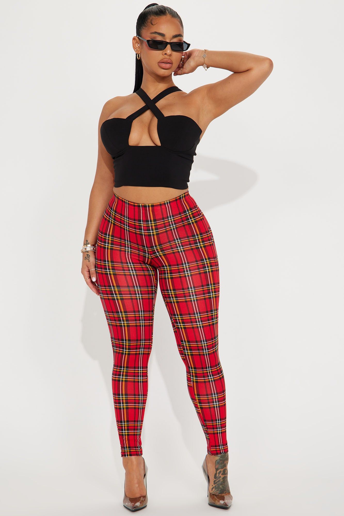 Plaid Mood Legging - Red/combo sold by Fashion Nova