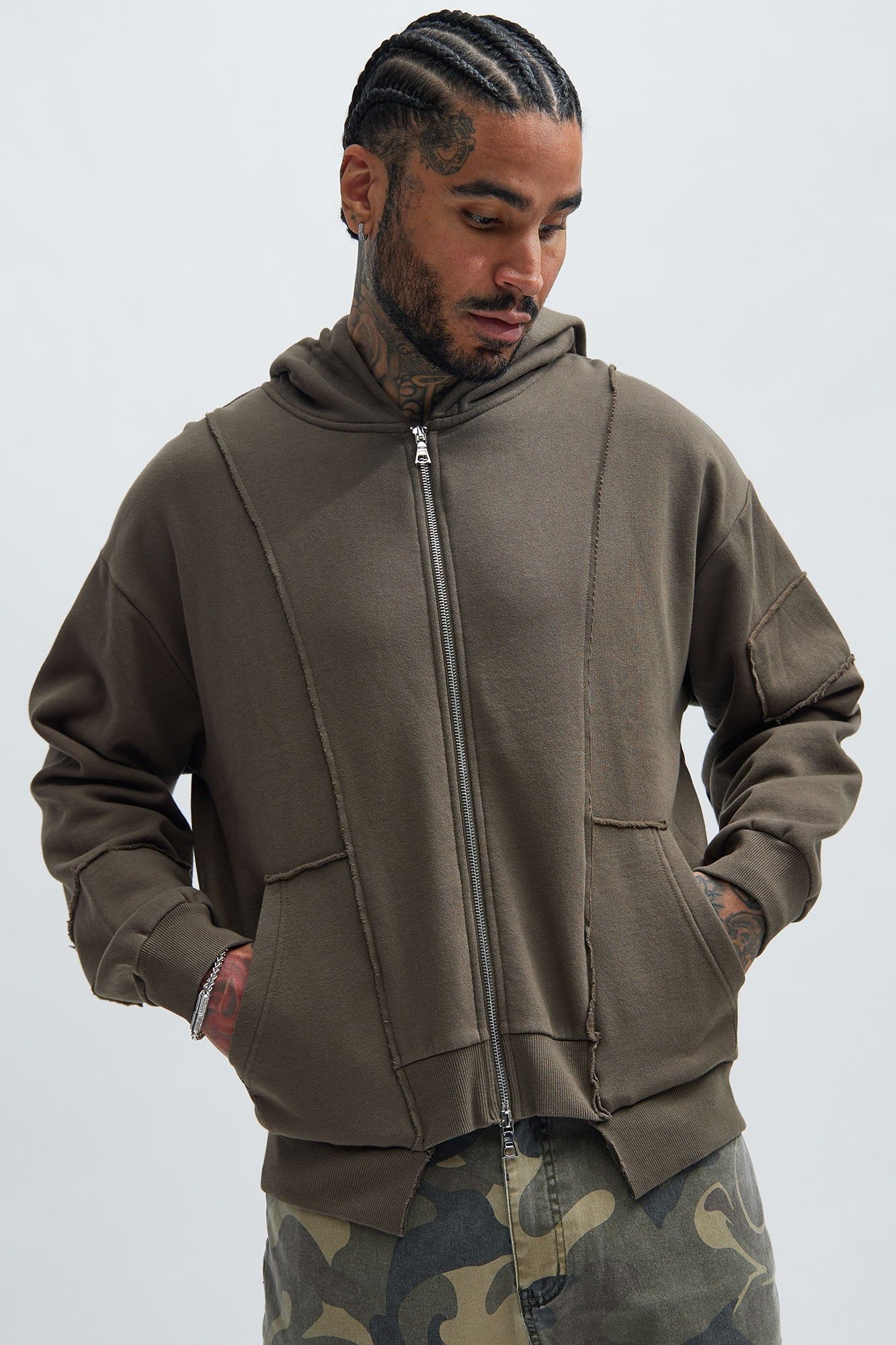 Tyson Panel Zip Up Hoodie - Brown sold by Fashion Nova