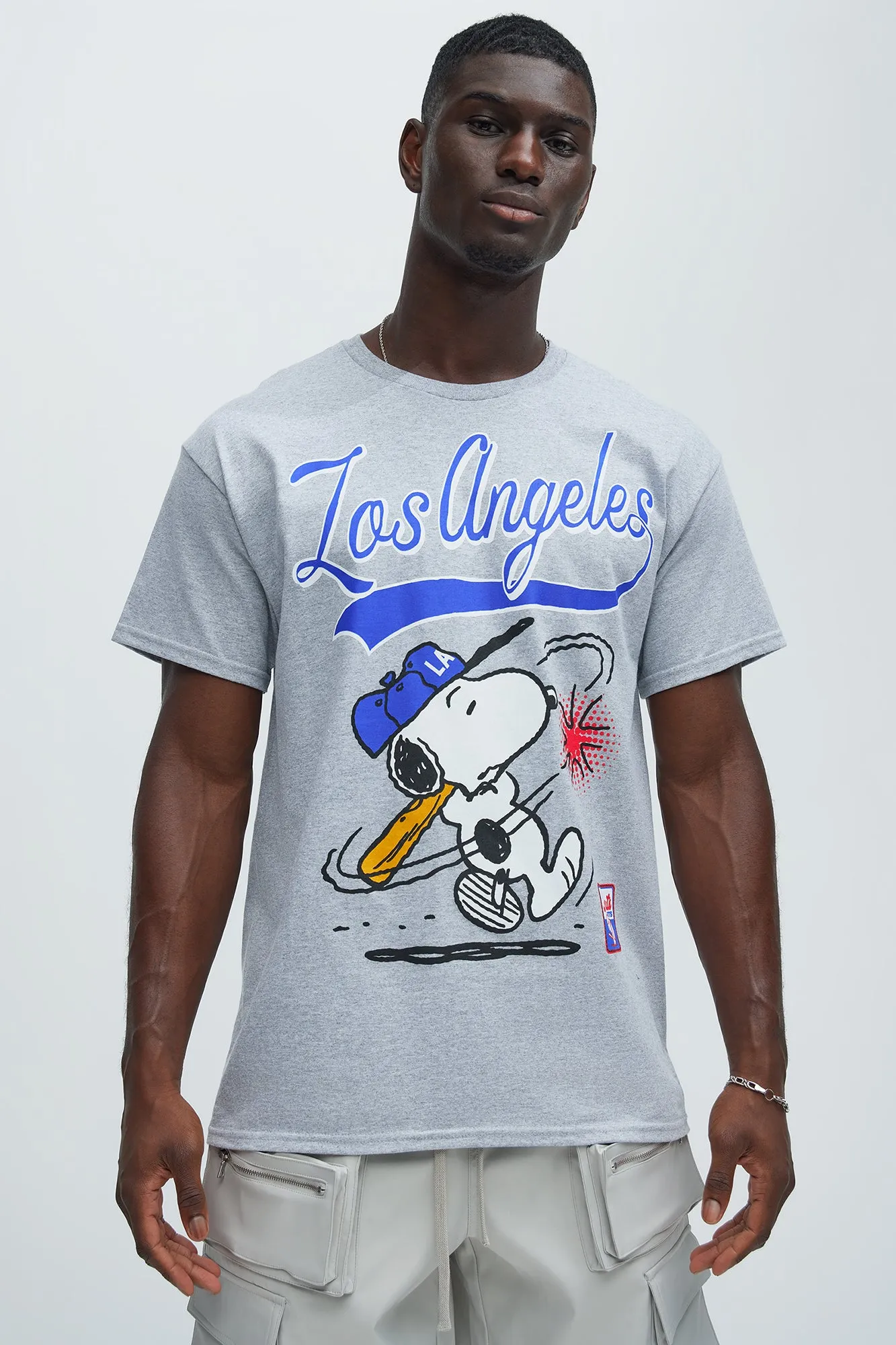 Peanuts LA Baseball Short Sleeve Tee - Heather Grey sold by Fashion Nova