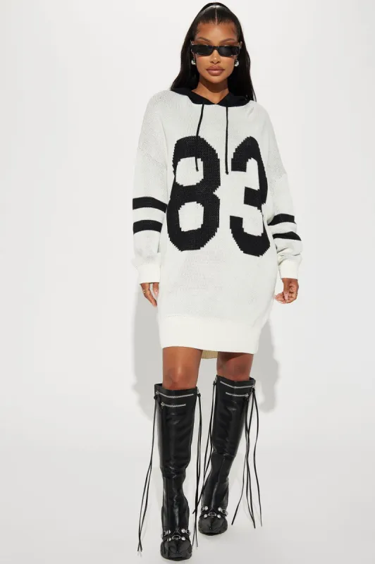 Courtney Hooded Sweater Mini Dress - Black/White sold by Fashion Nova