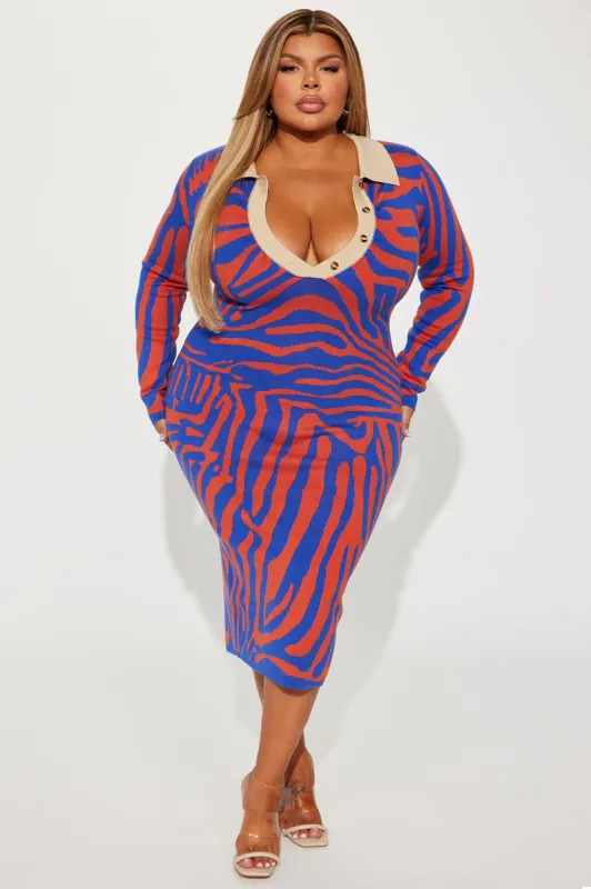 Fierce And Cozy Sweater Midi Dress - Blue/combo sold by Fashion Nova