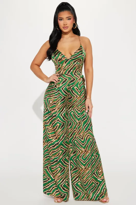 Cover Story Satin Jumpsuit - Green/combo sold by Fashion Nova