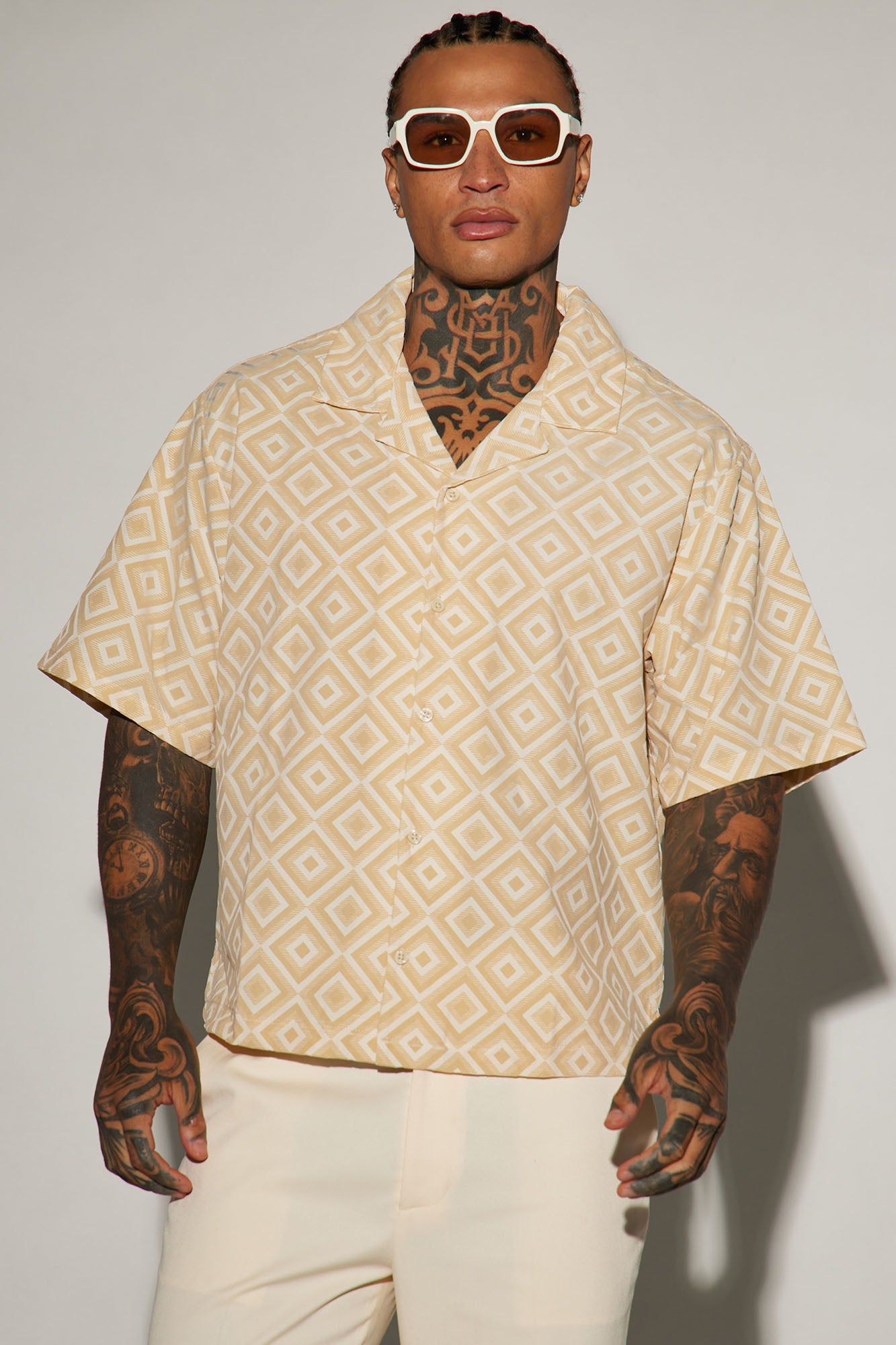 Infinite Lives Geometric Button Up Shirt - Cream sold by Fashion Nova