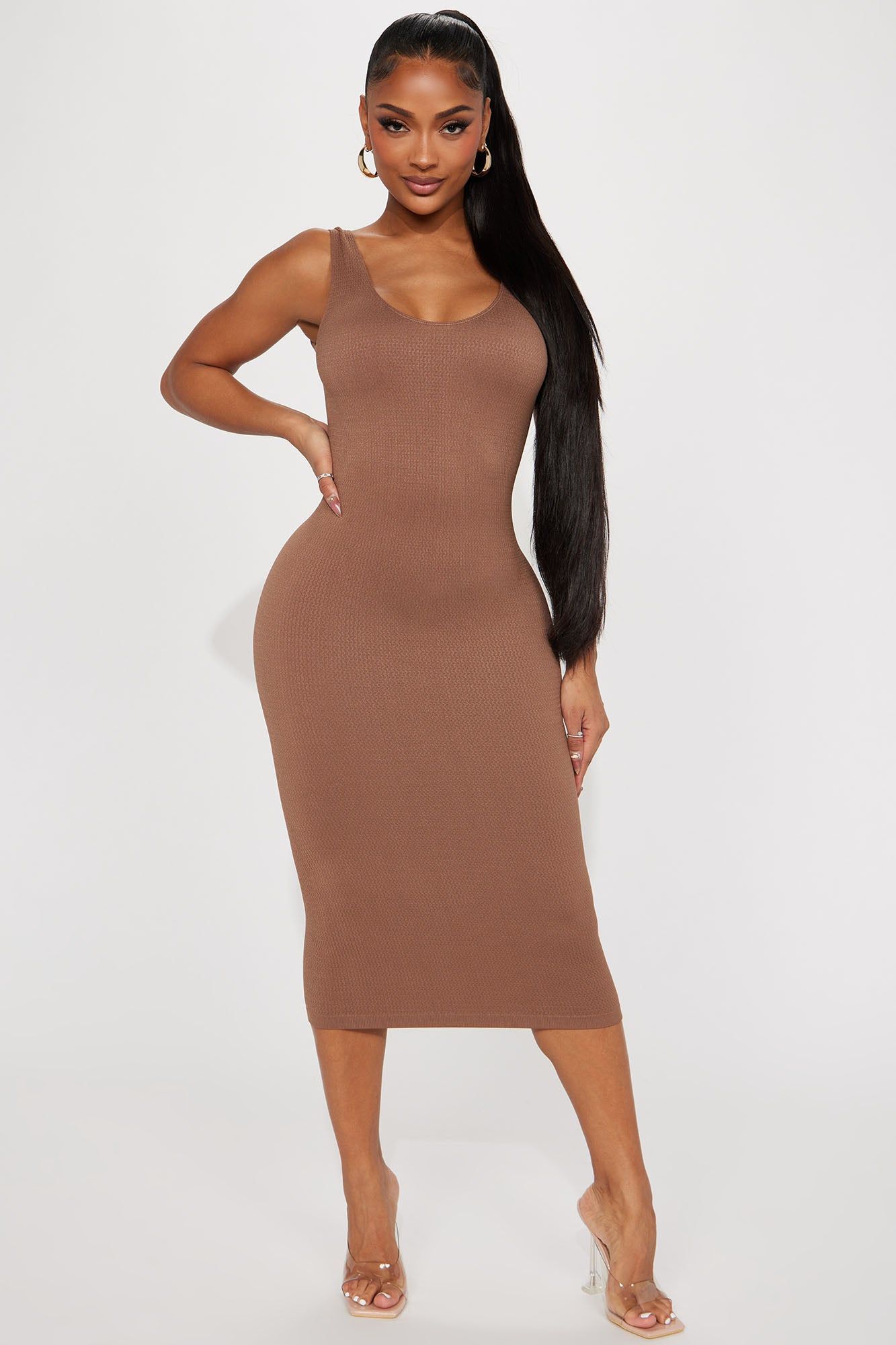 Riley Textured Midi Dress - Brown sold by Fashion Nova